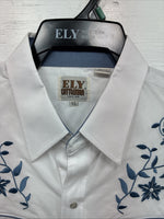 New Men’s ELY Cattleman White Blue Embroidered Long Sleeve Pearl Snap XL J-40