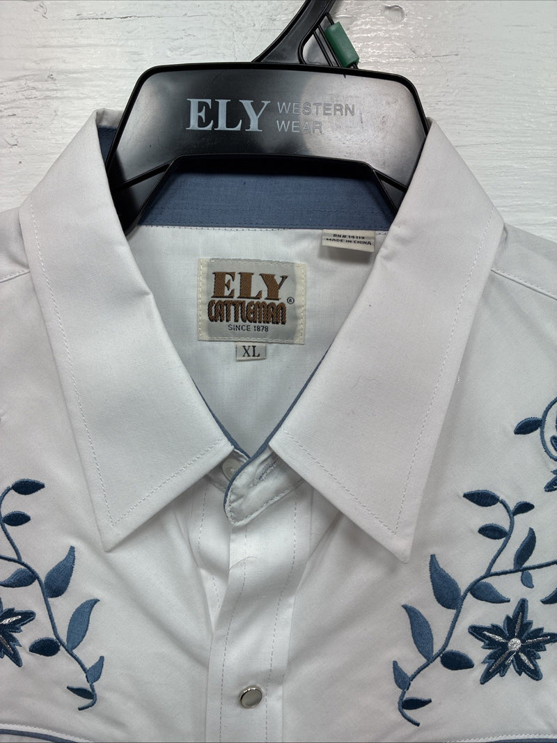 New Men’s ELY Cattleman White Blue Embroidered Long Sleeve Pearl Snap XL J-40