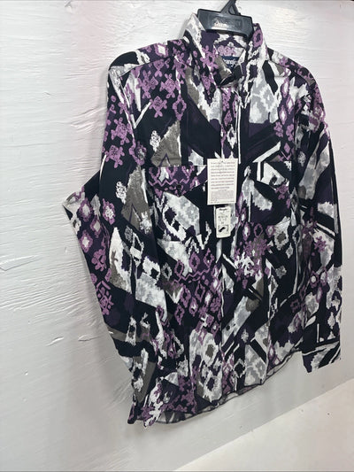 New Men’s Wrangler Black Purple Designed Long Sleeve Button Up Medium V-86