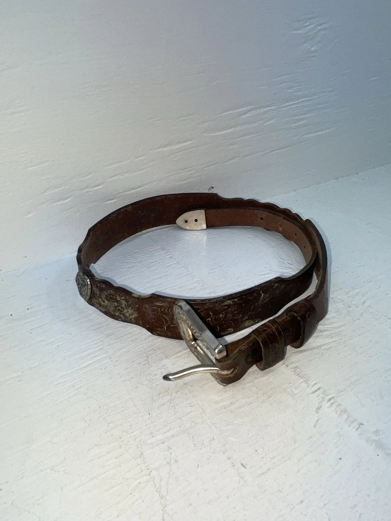 New Brown Genuine Leather Tooled And Silver Pendent 28” Belt #5721 JJ-151