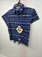 New Women’s Cumberland Blue Crop Top Short Sleeve Pearl Snap Medium LL-52