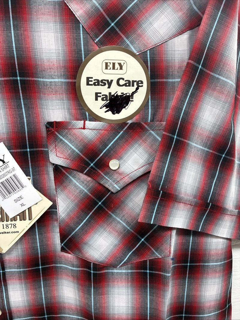 New Men’s ELY Cattleman Red Gray Plaid Short Sleeve Pearl Snap XL M-51