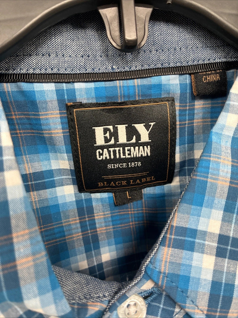 New Men’s ELY Cattleman Blue Plaid Long Sleeve Pearl Button Up Large CC-19