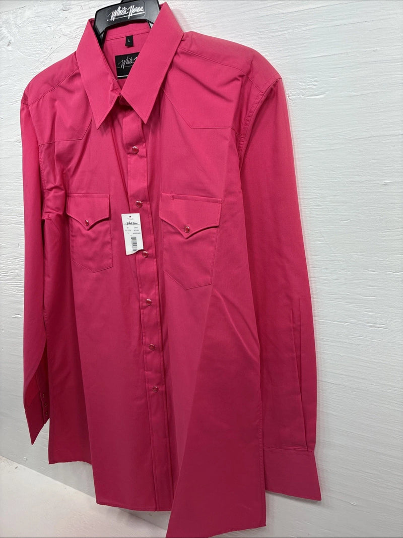 New Men’s White Horse Pink Simple Long Sleeve Pearl Snap Large Q-18