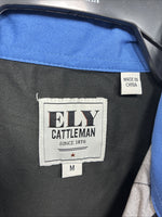 New Men’s ELY Cattleman Blue Black Horse Design Short Sleeve Pearl Snap Med J-96