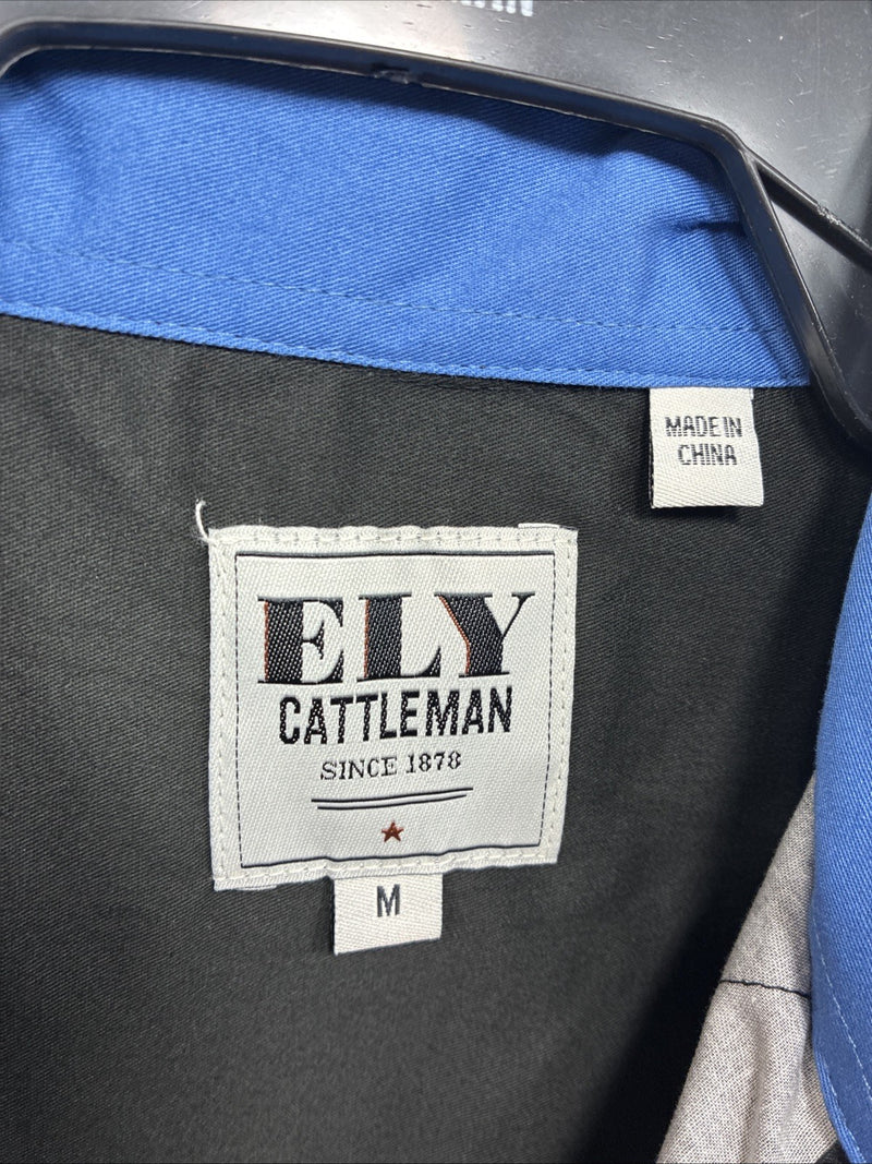 New Men’s ELY Cattleman Blue Black Horse Design Short Sleeve Pearl Snap Med J-96