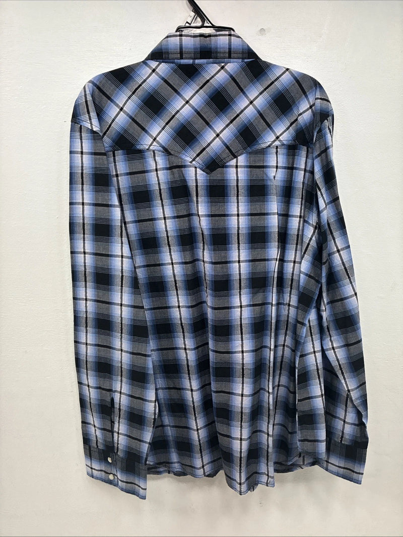 New Women’s Cumberland Blue Black Plaid Long Sleeve Pearl Snap XL GG-64