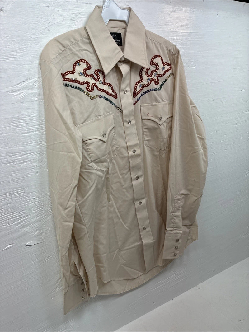 New Men’s Champion Western Tan Design Long Sleeve Pearl Snap Medium J-77