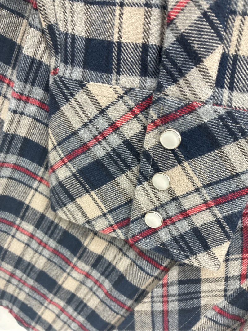 New Men’s White Horse Brown Blue Plaid Long Sleeve Pearl Snap Large V-102