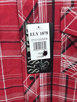 New Men’s ELY 1878 Red Black Plaid Short Sleeve Pearl Snap Large V-112