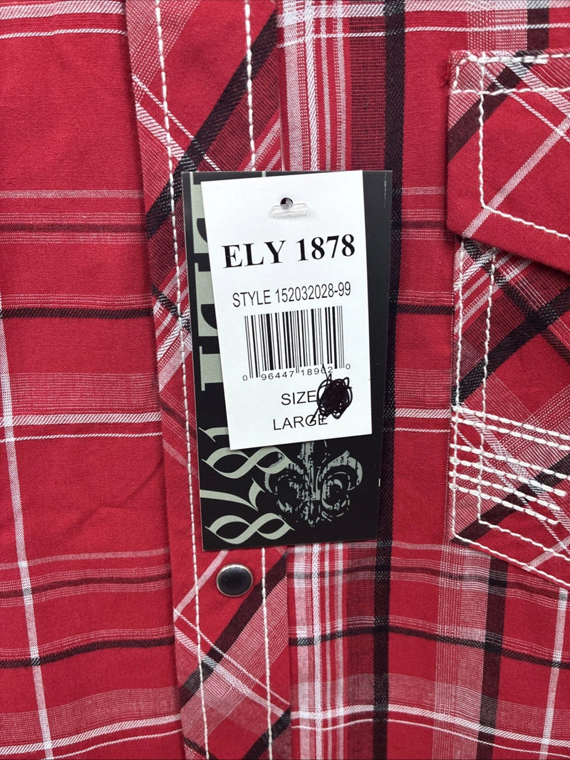 New Men’s ELY 1878 Red Black Plaid Short Sleeve Pearl Snap Large V-112