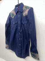 New Men’s Western Short Works Blue Long Sleeve Pearl Snap 14.5 X 33 Small A-197