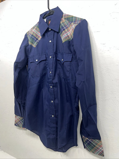 New Men’s Western Short Works Blue Long Sleeve Pearl Snap 14.5 X 33 Small A-197