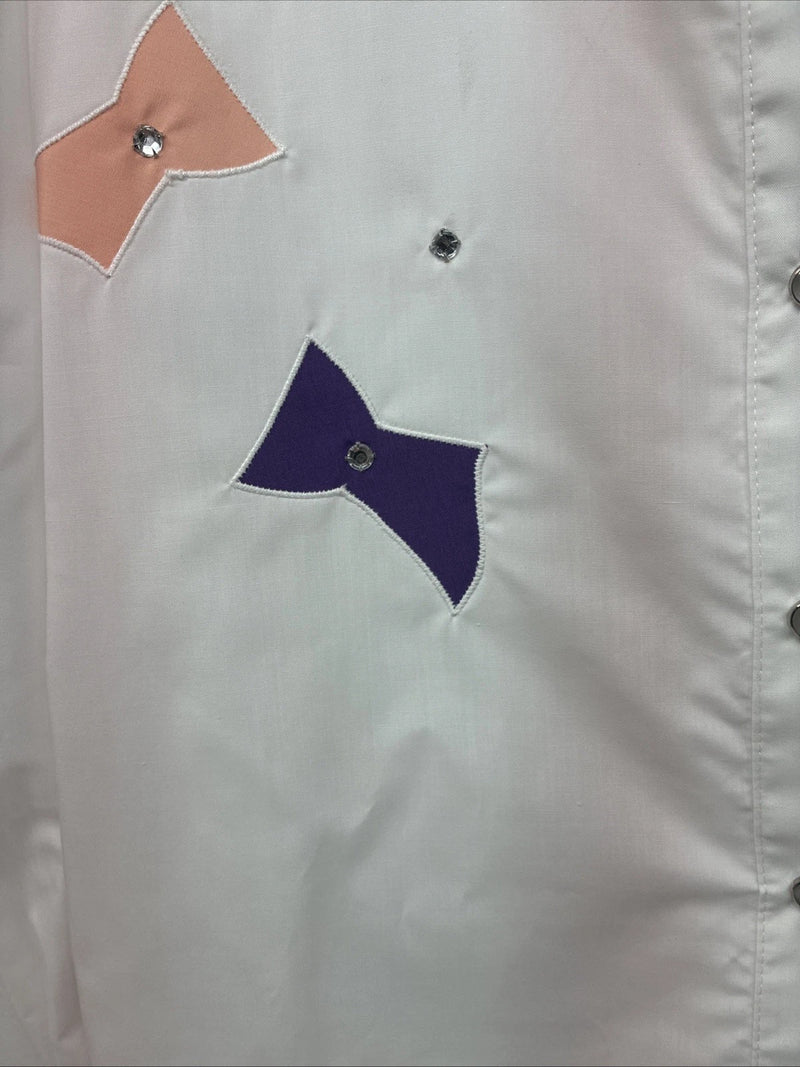 New Women’s H Bar C White Deigned Long Sleeve Pearl Snap Size 10 KK-32