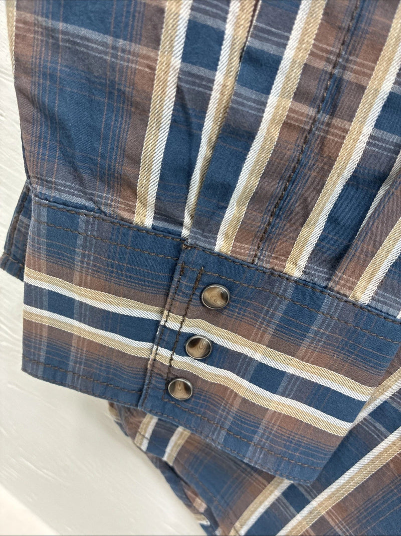 New Men’s ELY 1878 Blue Brown Plaid Long Sleeve Pearl Snap XL T-35