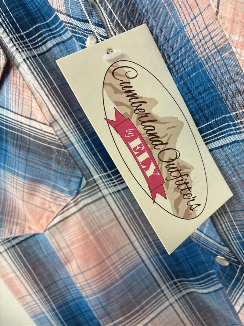 New Women’s Cumberland Pink Blue Plaid Long Sleeve Pearl Snap 1XL Plus GG-68