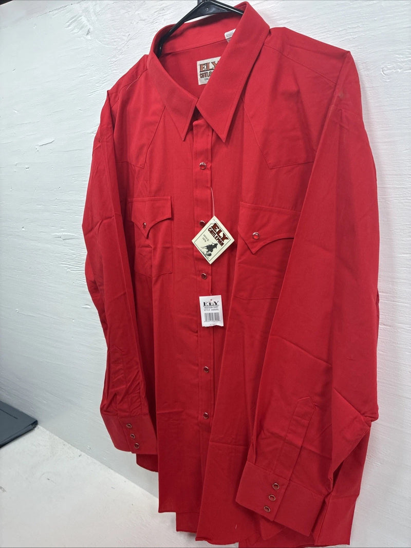 New Men’s ELY Cattleman Red Simple Long Sleeve Pearl Snap 18.5 X 35 2XL K-94