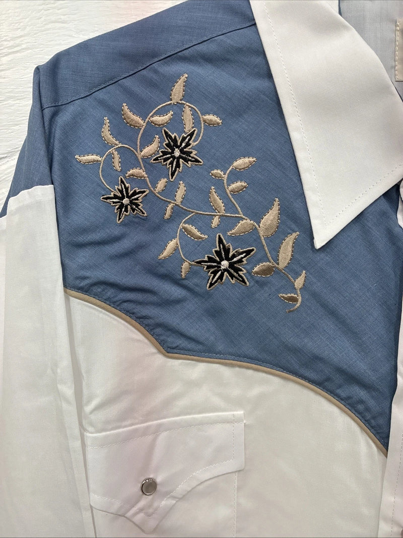 New Men’s ELY Cattleman White Blue Embroidered Long Sleeve Pearl Snap 2XL H-29