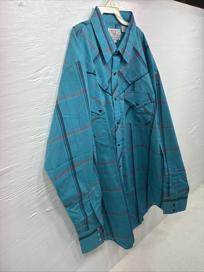 New Men’s ELY Diamond Blue Plaid Long Sleeve Pearl Snap Large CC-40