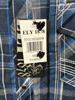 New Men’s ELY 1878 Blue Gray Plaid Short Sleeve Pearl Snap XL O-71