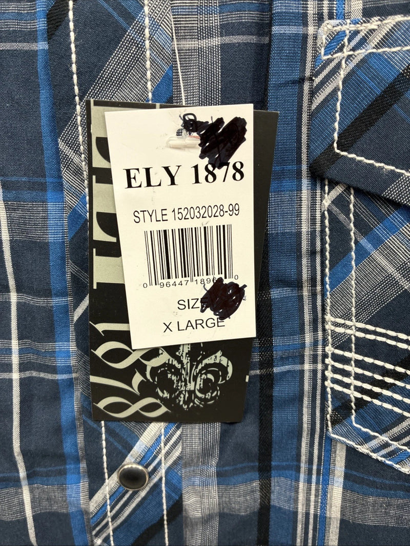 New Men’s ELY 1878 Blue Gray Plaid Short Sleeve Pearl Snap XL O-71