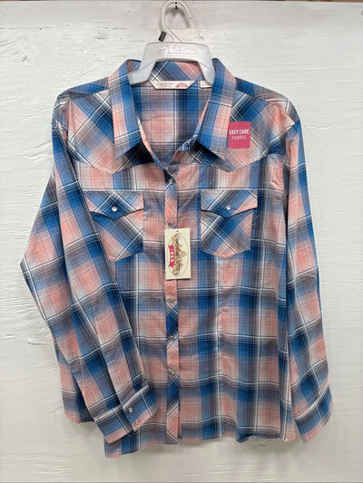 New Girls Cumberland Blue Pink Plaid Long Sleeve Pearl Snap 3XL CC-111