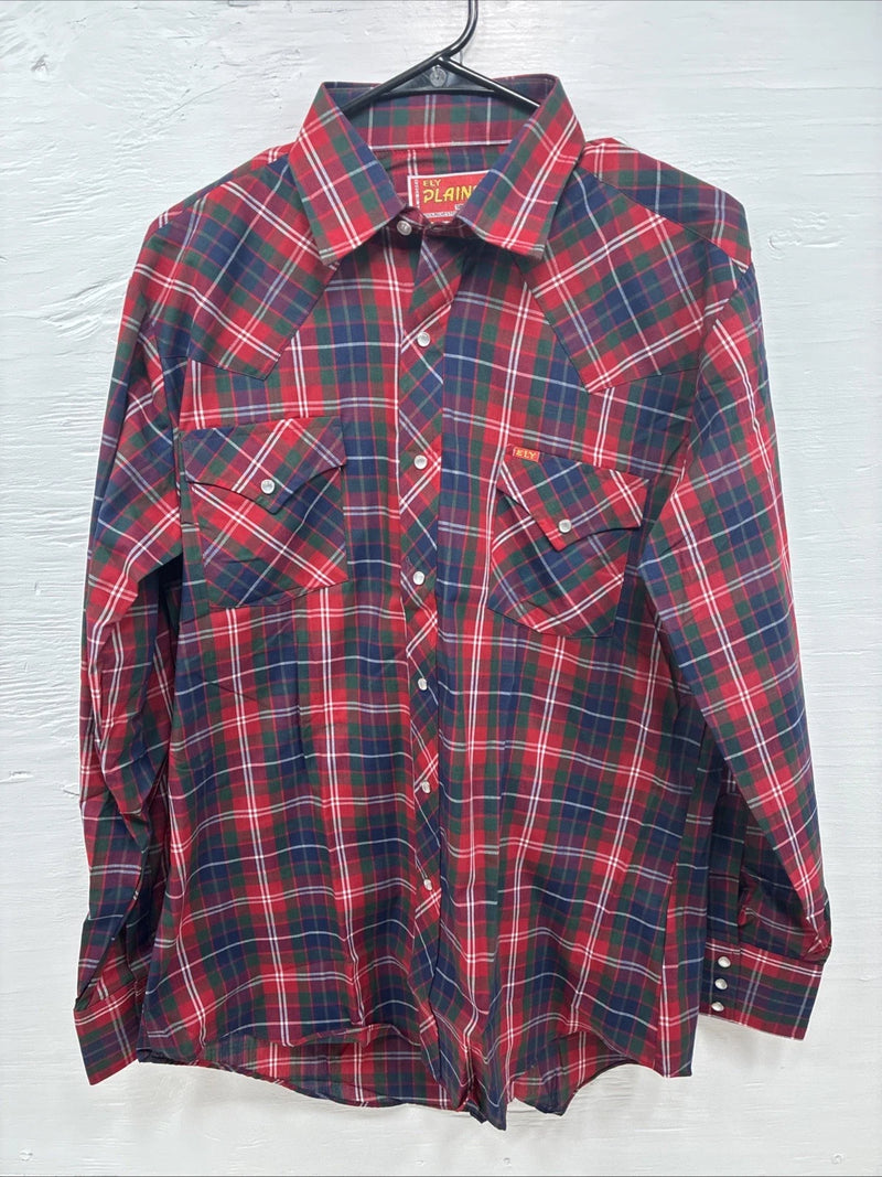New Men’s ELY Plains Red Plaid Long Sleeve Pearl Snap 16  X 34 Large M-34
