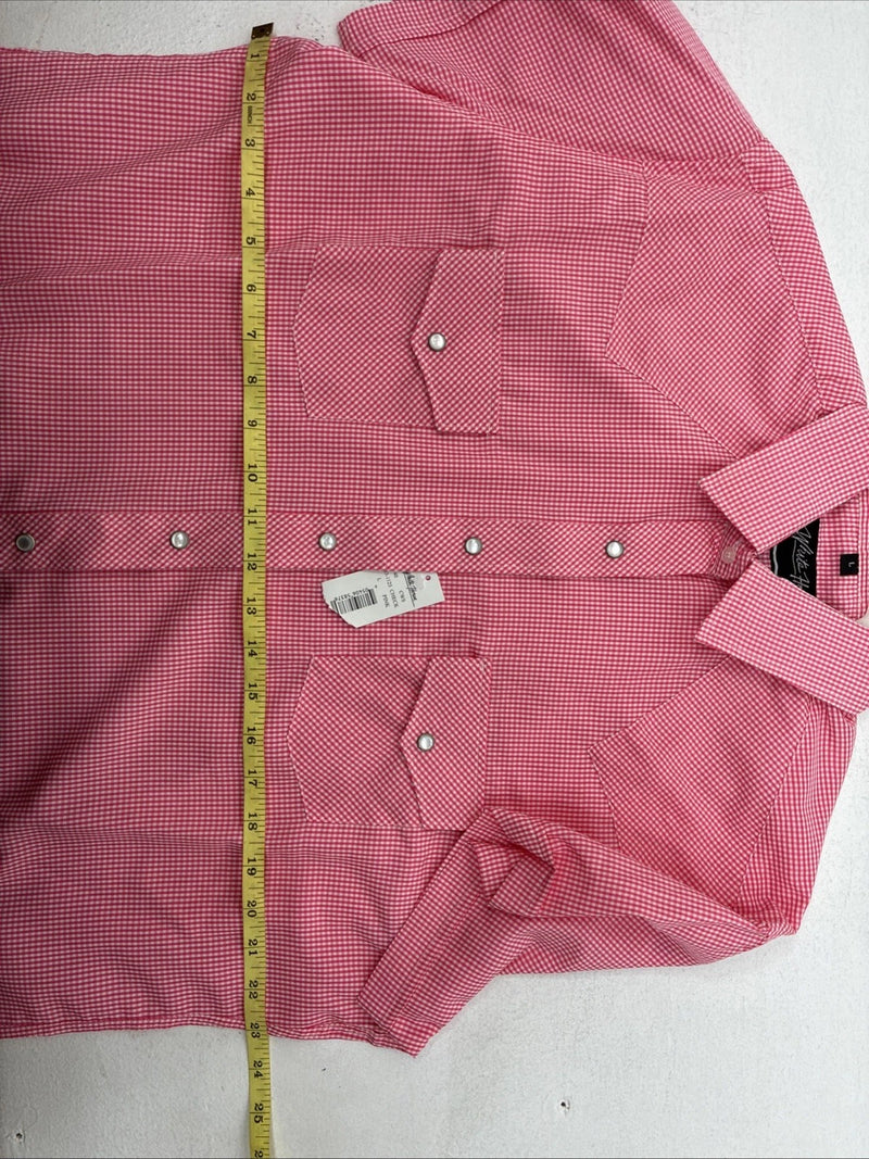 New Women’s White Horse Pink Checker Short Sleeve Pearl Snap Large KK-122