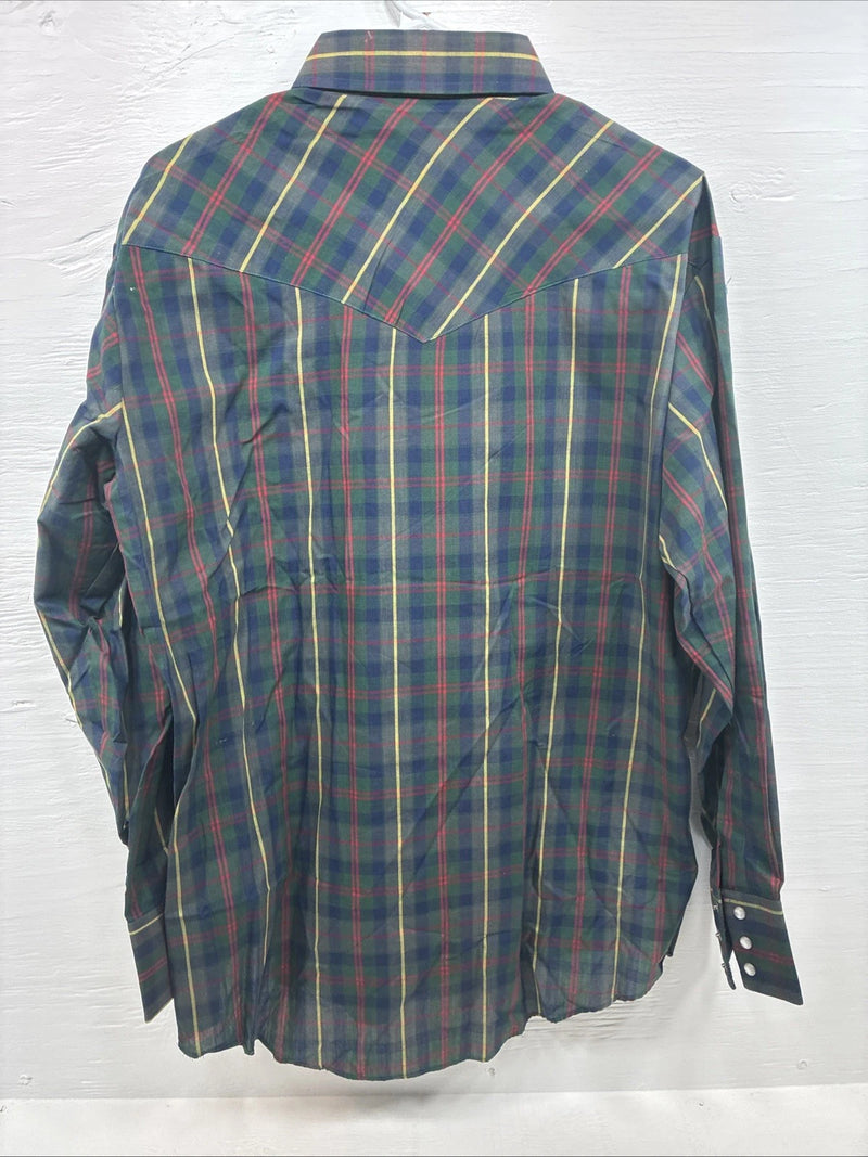 New Men’s ELY Plains Green Plaid Long Sleeve Pearl Snap 17 X 34 XL T-24