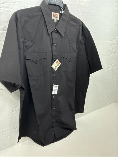 New Men’s ELY Cattleman Black Short Sleeve Pearl Snap 18.5 2XL F-76