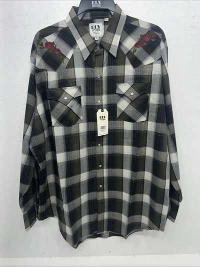 New Men’s Green Plaid Rose ELY cattleman Pearl Snap Long Sleeve Shirt. XXL G-66