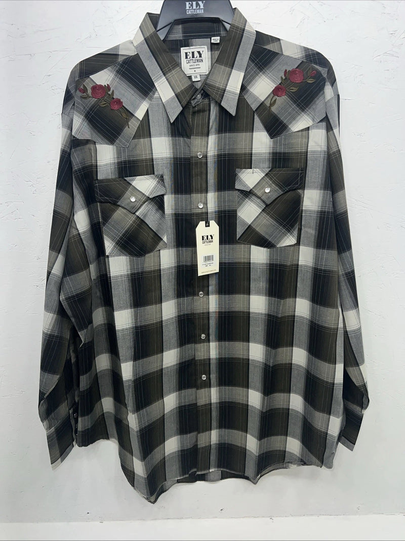 New Men’s Green Plaid Rose ELY cattleman Pearl Snap Long Sleeve Shirt. XXL G-66