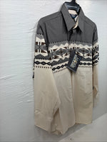 New Men’s Brooks & Dunn Tan Gray Design Long Sleeve Pearl Snap 16.5 Large V-25