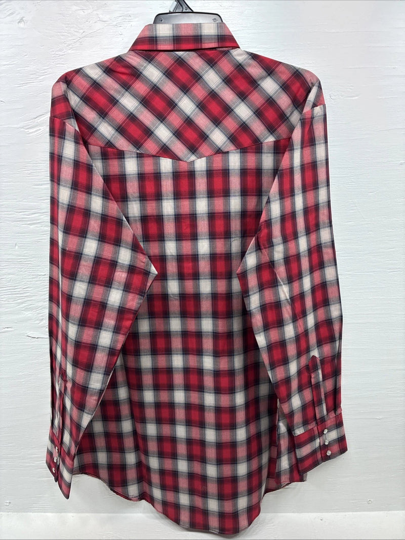 New Men’s ELY Cattleman Red Gray Plaid Long Sleeve Pearl Snap XLT T-7