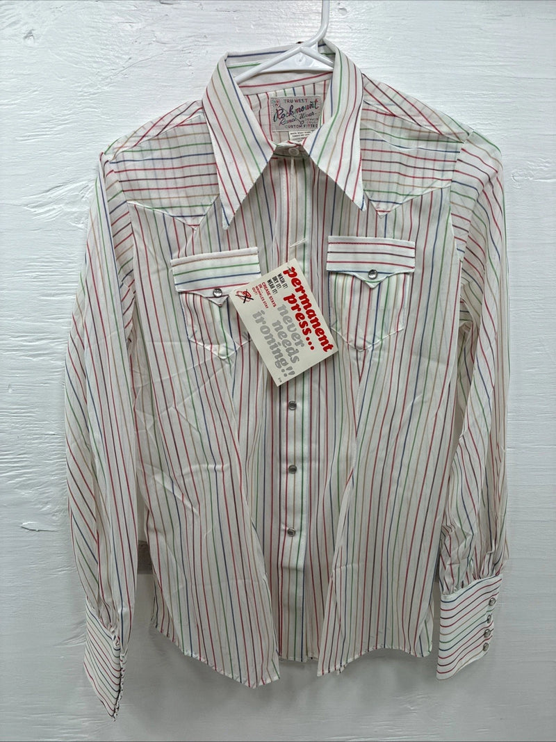 New Women’s Rock mount White Stripe Long Sleeve Pearl Snap Small AA-52