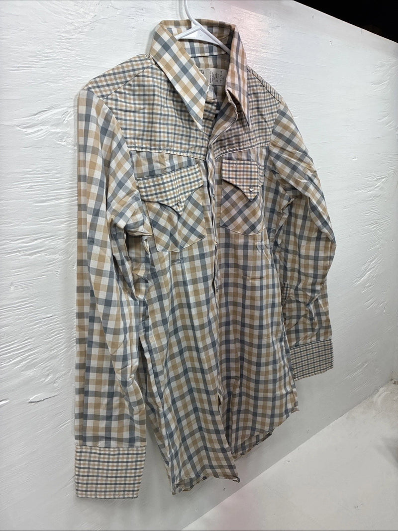New Men’s Stockman Yellow Blue Plaid Long Sleeve Pearl Snap 14.5 X 33 Small R-21