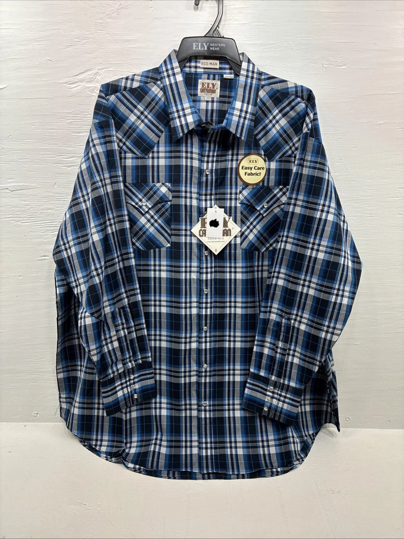 New Men’s ELY Cattleman Blue Long Sleeve Pearl Snap 3XL E-36
