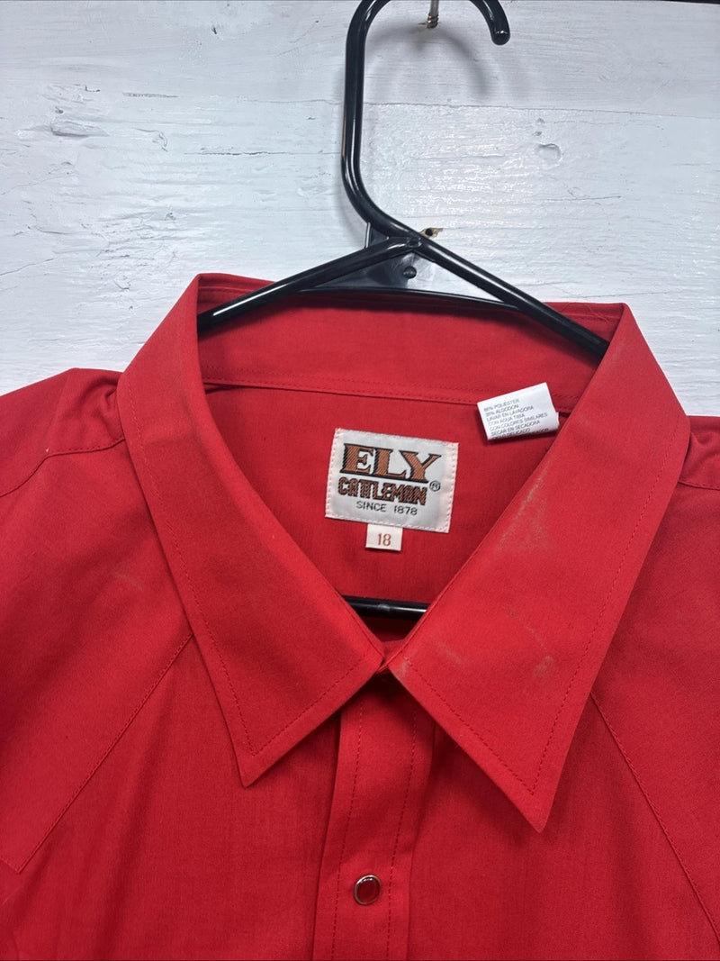 New Men’s ELY Cattleman Red Simple Short Sleeve Pearl Snap 18 2XL K-96