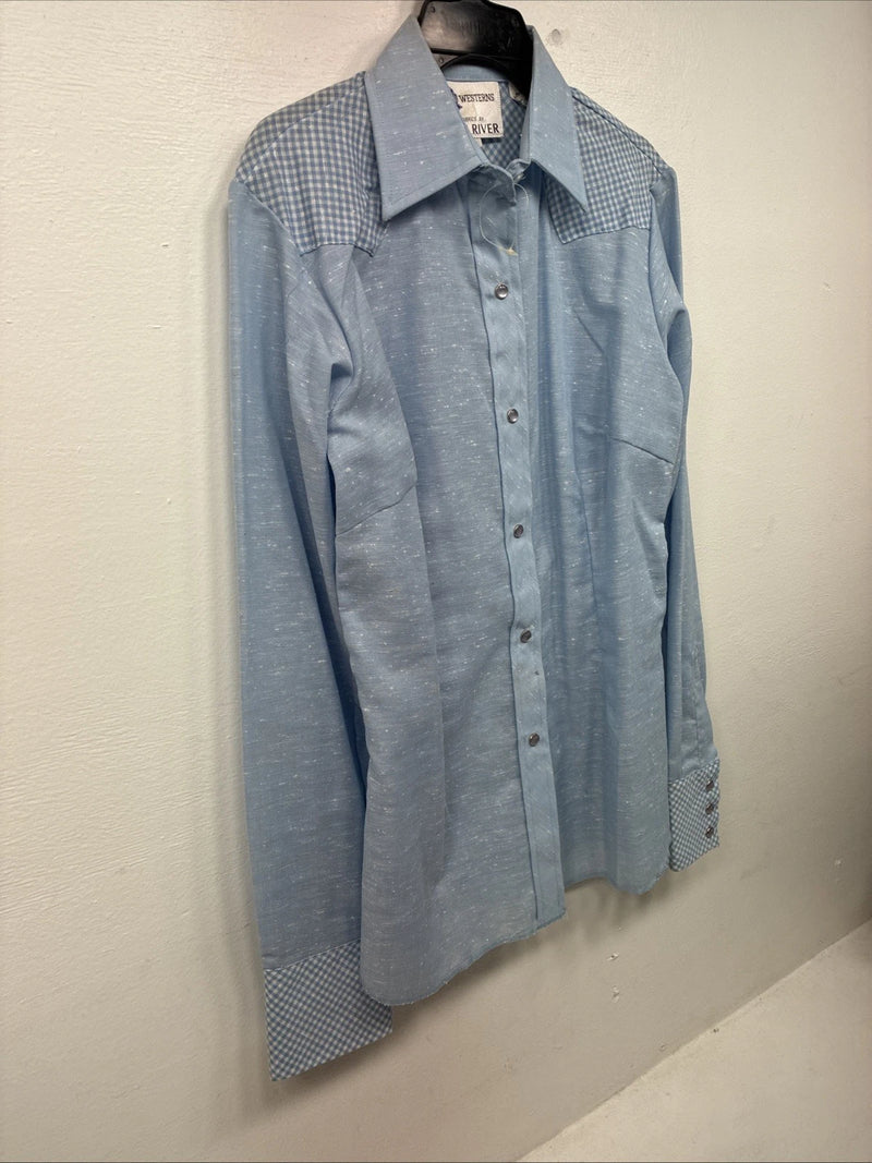 New Kids Dan River Blue Deigned Long Sleeve Pearl Snap Size 8 LL-62