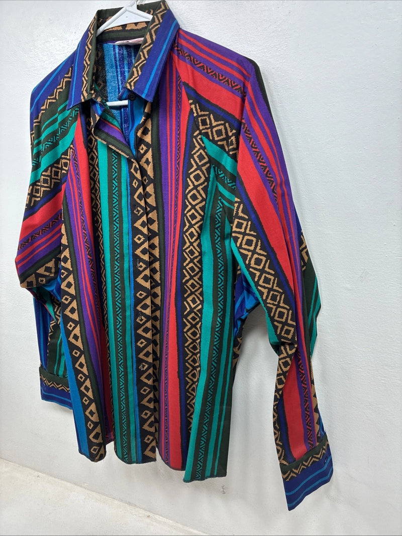 New Women’s H Bar C Multicolor Design Long Sleeve Button Up Size 38 TT-65