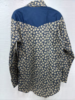 New Men’s Stockman Blue Brown Designed Long Sleeve Pearl Snap 15.5 Medium V-2