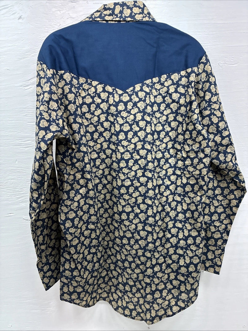 New Men’s Stockman Blue Brown Designed Long Sleeve Pearl Snap 15.5 Medium V-2