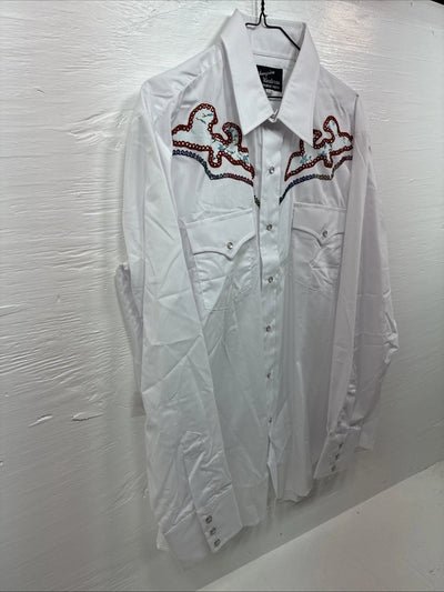 New Men’s Champion Western White Embroidered Long Sleeve Pearl Snap 17 XL T-5