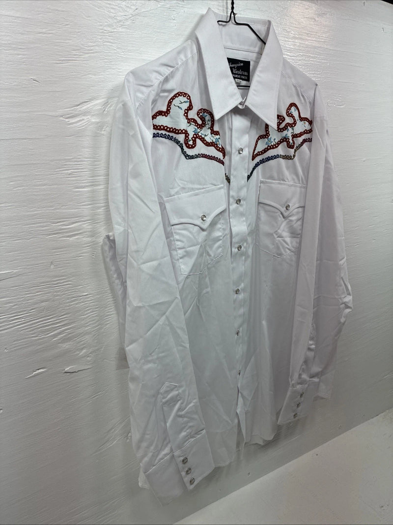 New Men’s Champion Western White Embroidered Long Sleeve Pearl Snap 17 XL T-5