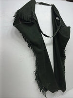 New Green Congress Leather Show Chaps With Fringe Adjustable Waist 51” N-26