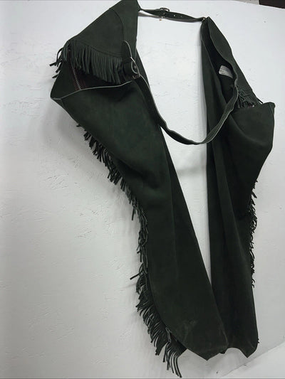 New Green Congress Leather Show Chaps With Fringe Adjustable Waist 51” N-26