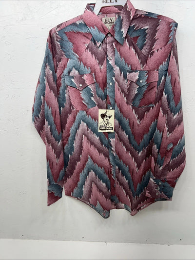 New Mens Pink Blue ELY Cattleman Long Sleeve Pearl Snap Shirt. 16x35 L P-64