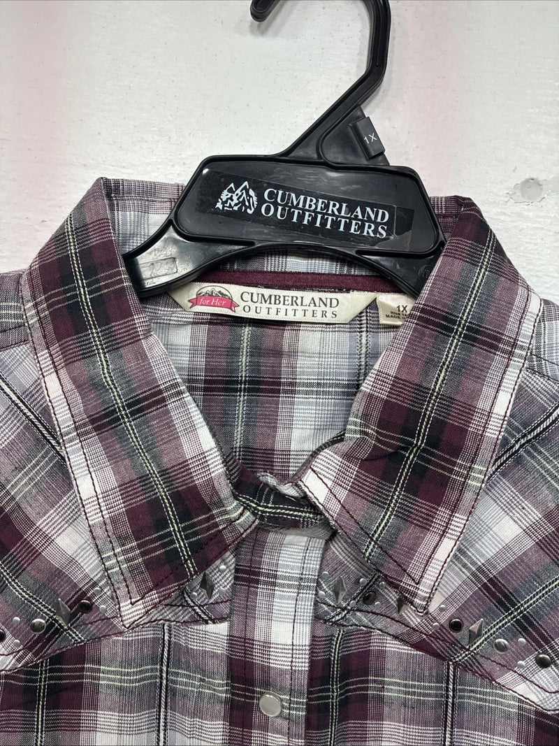New Women’s Cumberland Purple Plaid Long Sleeve Pearl Snap 1XL KK-79