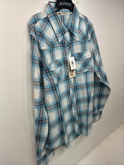 New Women’s Cumberland Blue Plaid Long Sleeve Pearl Snap Large GG-78