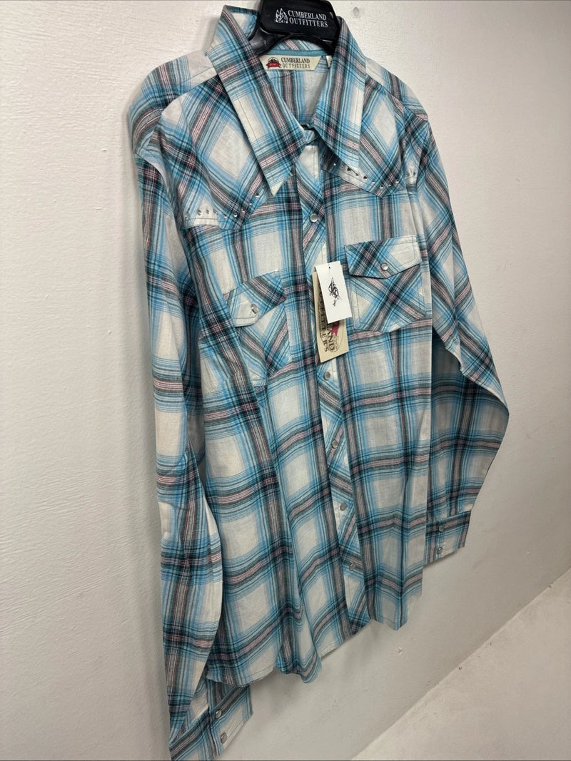 New Women’s Cumberland Blue Plaid Long Sleeve Pearl Snap Large GG-78